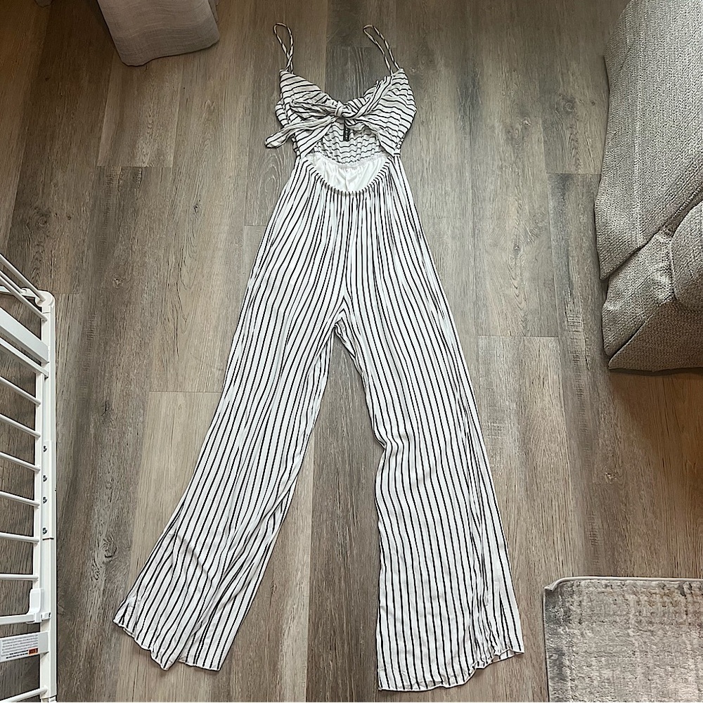 Blue Mint striped tie front cutout jumpsuit